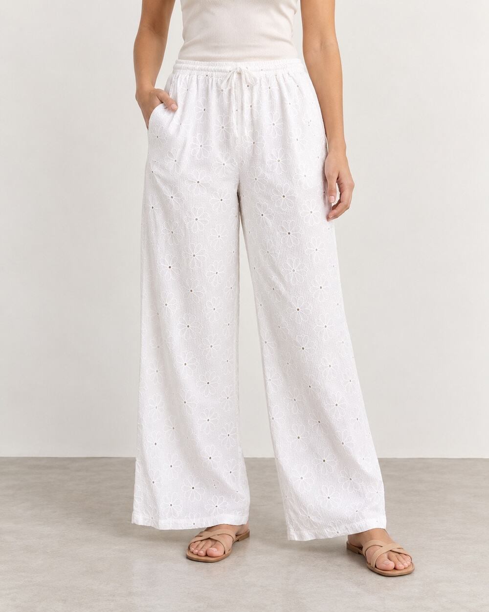ASOS DESIGN White Broderie Eyelet Wide Leg Pants Size M 8-10
